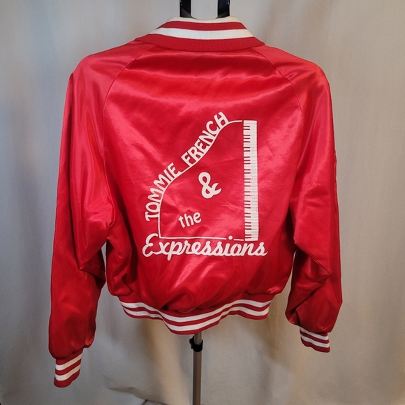 Bright Red Satin Varsity Jacket with Sporty Number Design - Picture 1 of 12